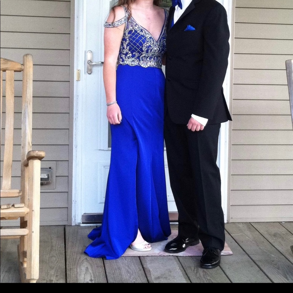 blue two-piece prom dress